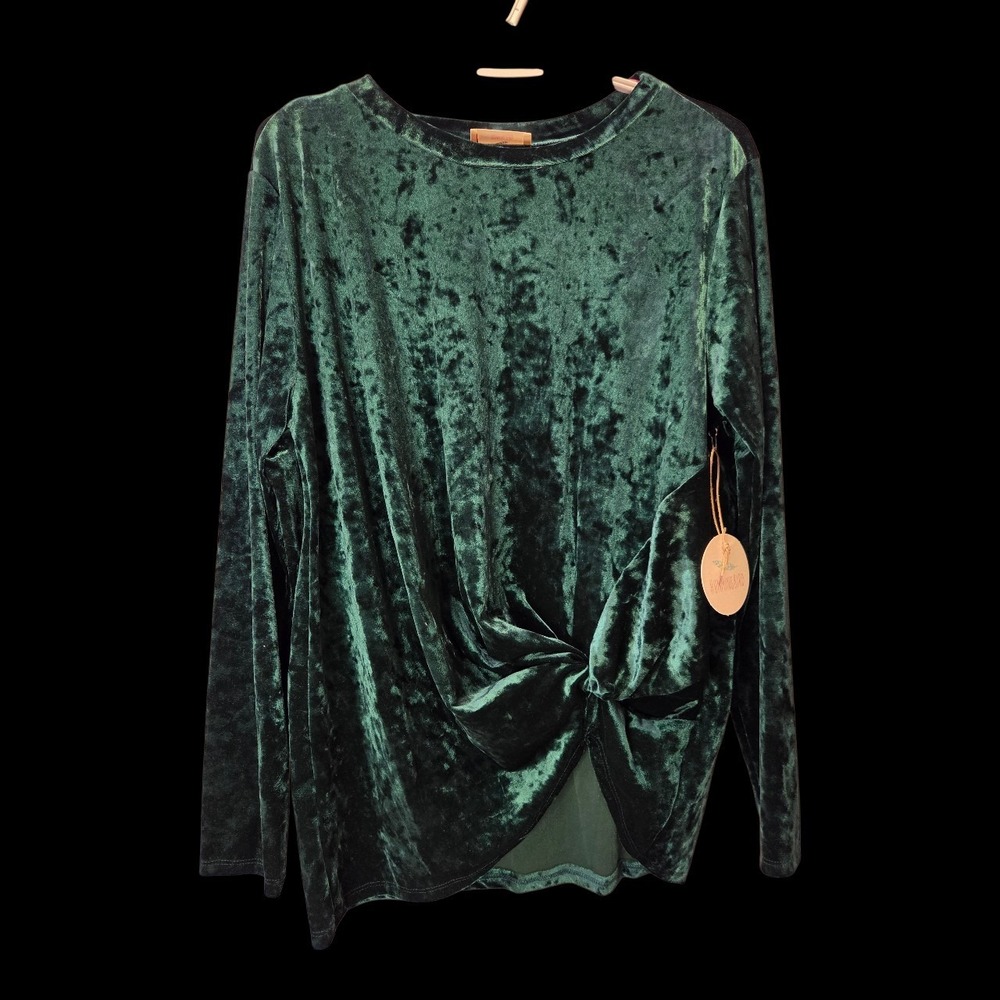 Hummingbird  NWT  Emerald Green Crushed Velvet  Long Sleeve w/ Twist Knot Sz Med